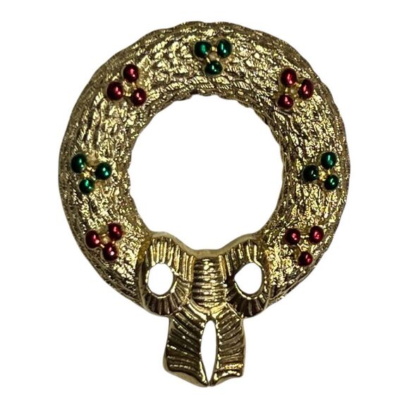 Festive Wreath Bow Brooch Christmas Jewelry Accessory Goldtone Red Green vintage - Picture 6 of 6